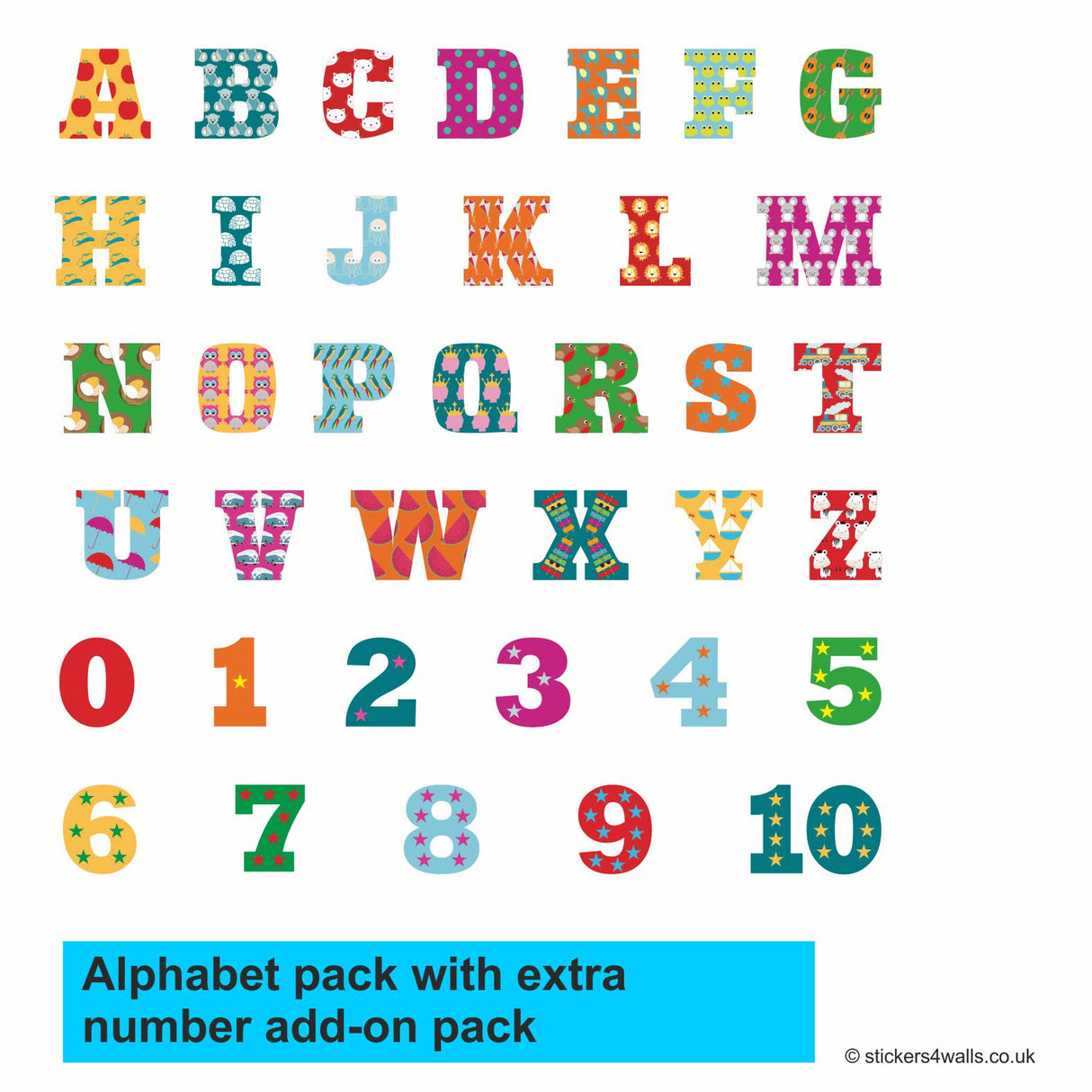 Colorful alphabet and number pack with decorative patterns on a white background