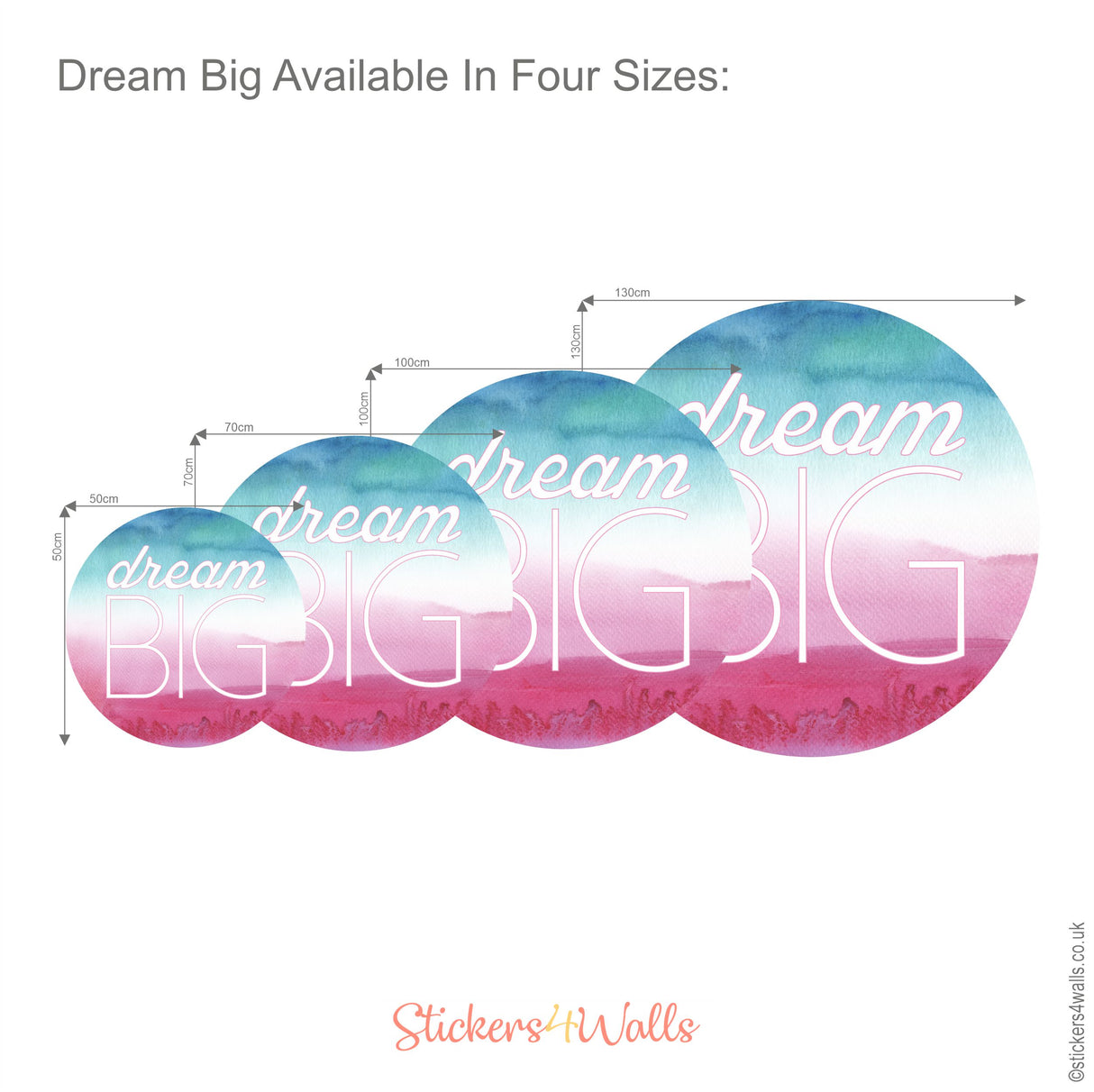 Colorful 'Dream Big' stickers with dimensions on a white background