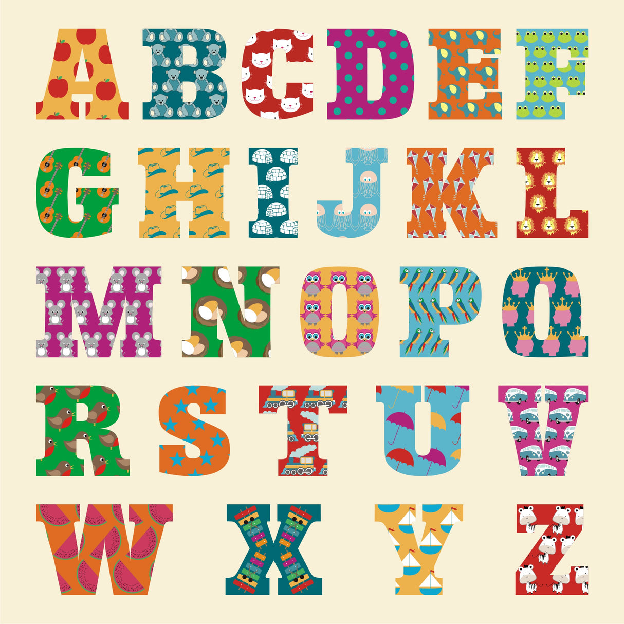 Colorful alphabet letters on a beige background