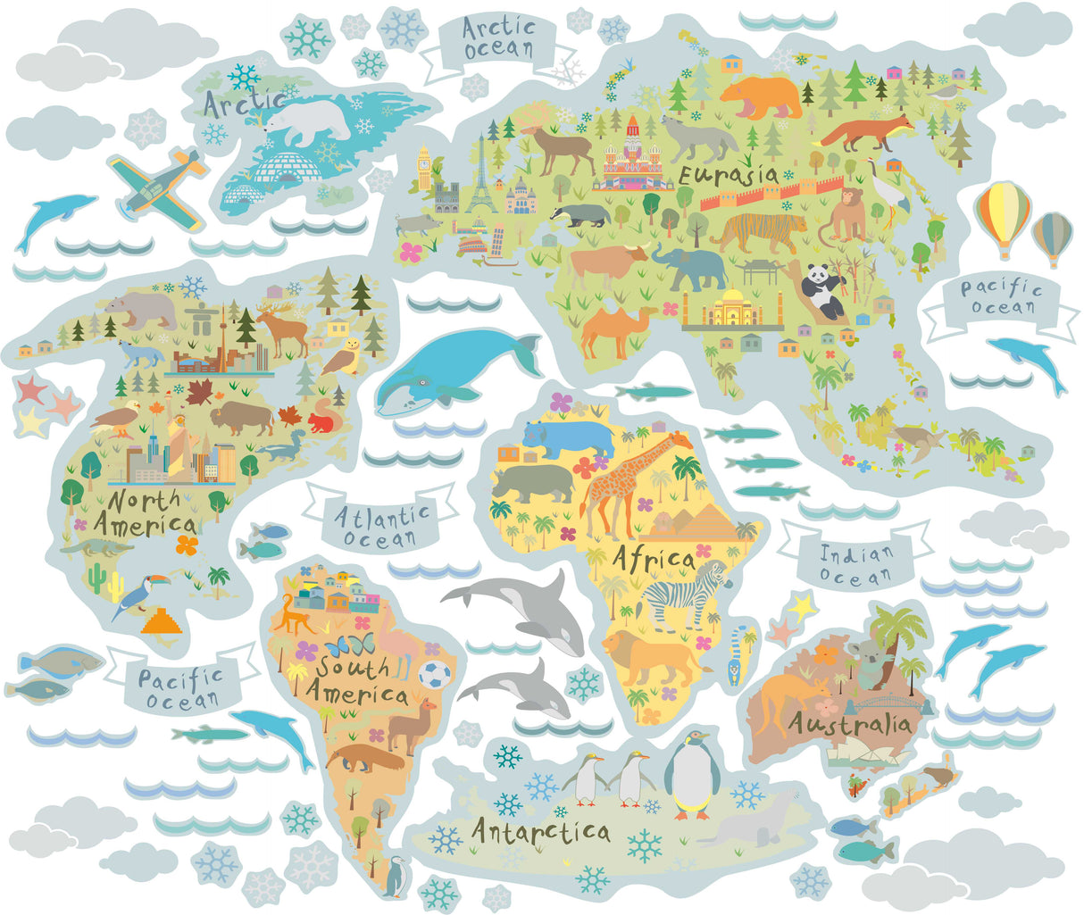 Colorful world map with animals and oceans on a white background