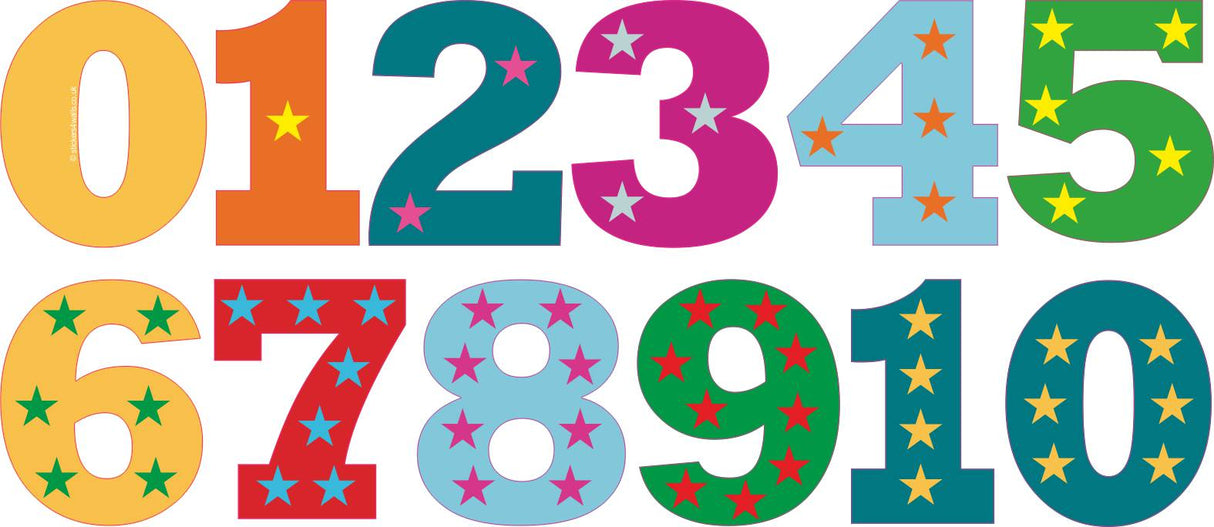 Colorful numbers with star decorations on a white background