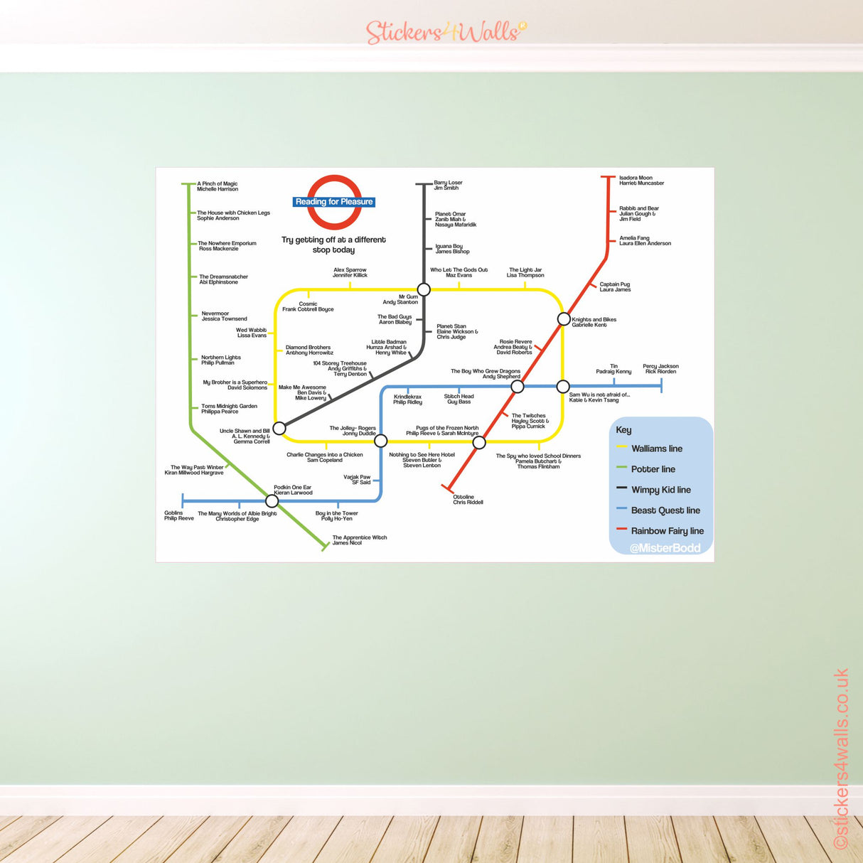 Colorful subway map on a light green wall with 'Stickers & Walls' branding.