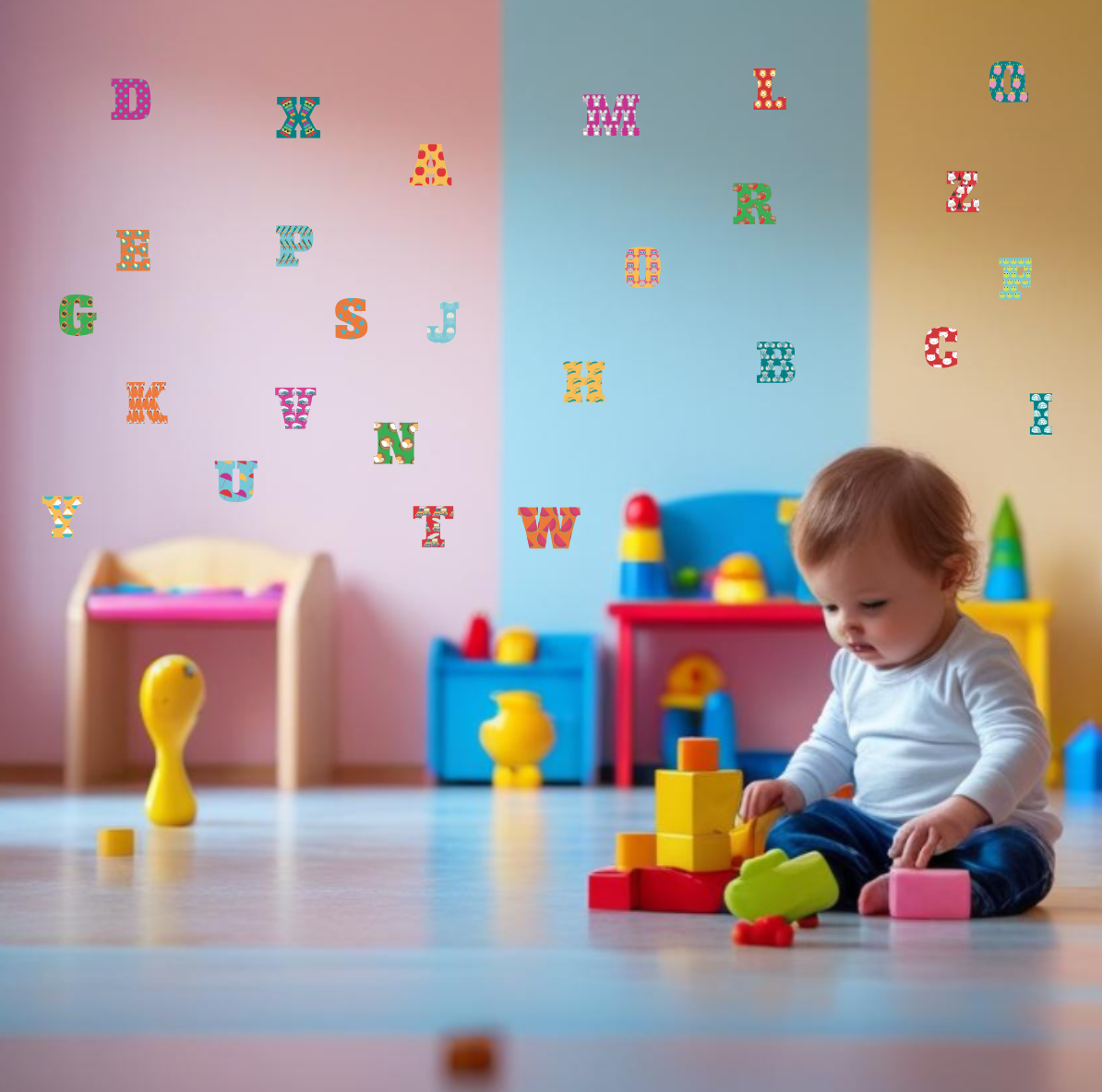 Child playing with colorful blocks in a room with alphabet wall stickers.
