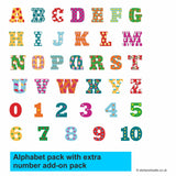 Colorful alphabet and number pack with decorative patterns on a white background