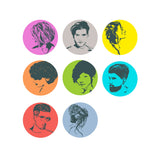 Set of circular icons with stylized portraits of men in different hairstyles, each on a colorful background.