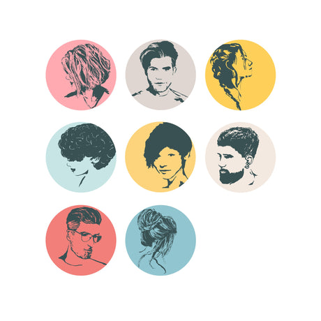 Set of circular illustrations with stylized portraits on a white background