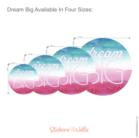 Colorful 'Dream Big' stickers with dimensions on a white background
