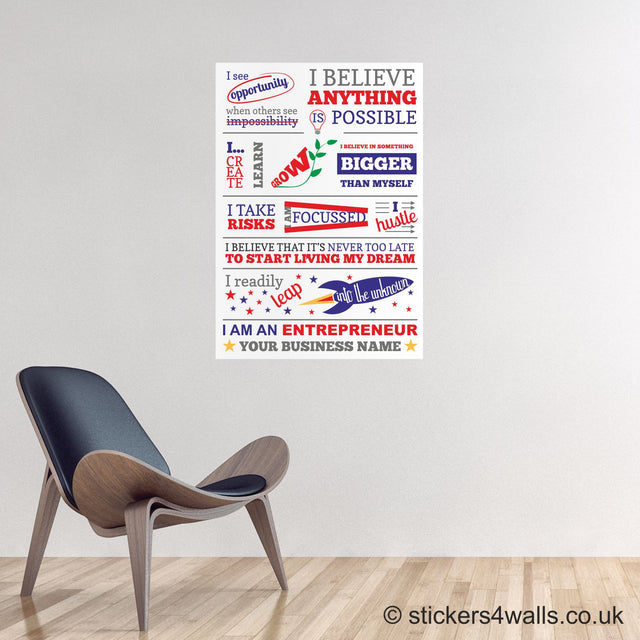 Motivational wall decal with inspirational phrases on a white wall with a modern chair.