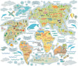 Colorful world map with animals and oceans on a white background