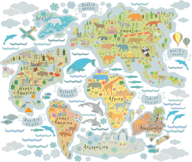Colorful world map with animals and oceans on a white background
