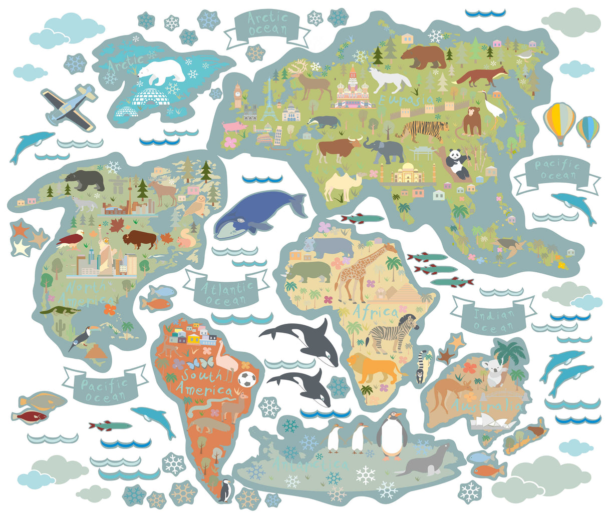 Children's world map with animals and landmarks on a white background