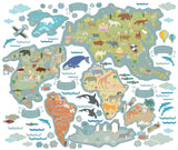 Children's world map with animals and landmarks on a white background
