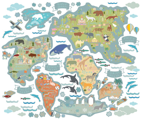 Children's world map with animals and landmarks on a white background