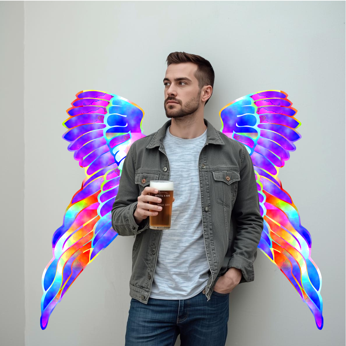 Man holding a beer with a colourful angel wing selfie wall sticker on a plain background