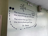 Wall with Dr. Seuss quote and airplane illustration in a classroom setting