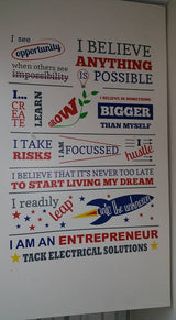 Motivational poster with various phrases and logos on a white background