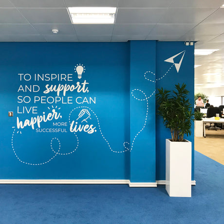 Blue wall with motivational quote and decorative elements in an office setting