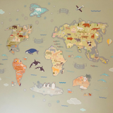 Children's world map with animals on a beige background