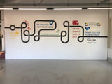Wall with decorative text and graphics in a service station setting