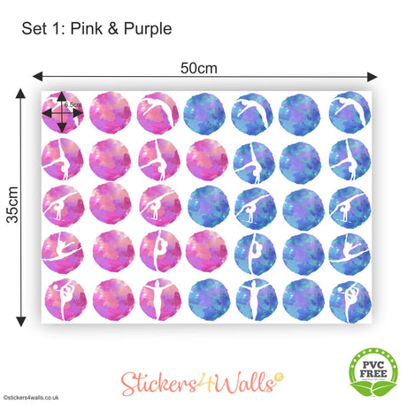 Sheet of pink and purple sticker designs with dimensions and 'Stickers for Walls' branding.