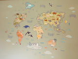 World map with animal illustrations on a beige background