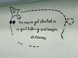 Motivational quote on a whiteboard with a rocket and speech bubble design, featuring 'alt Disney' text.