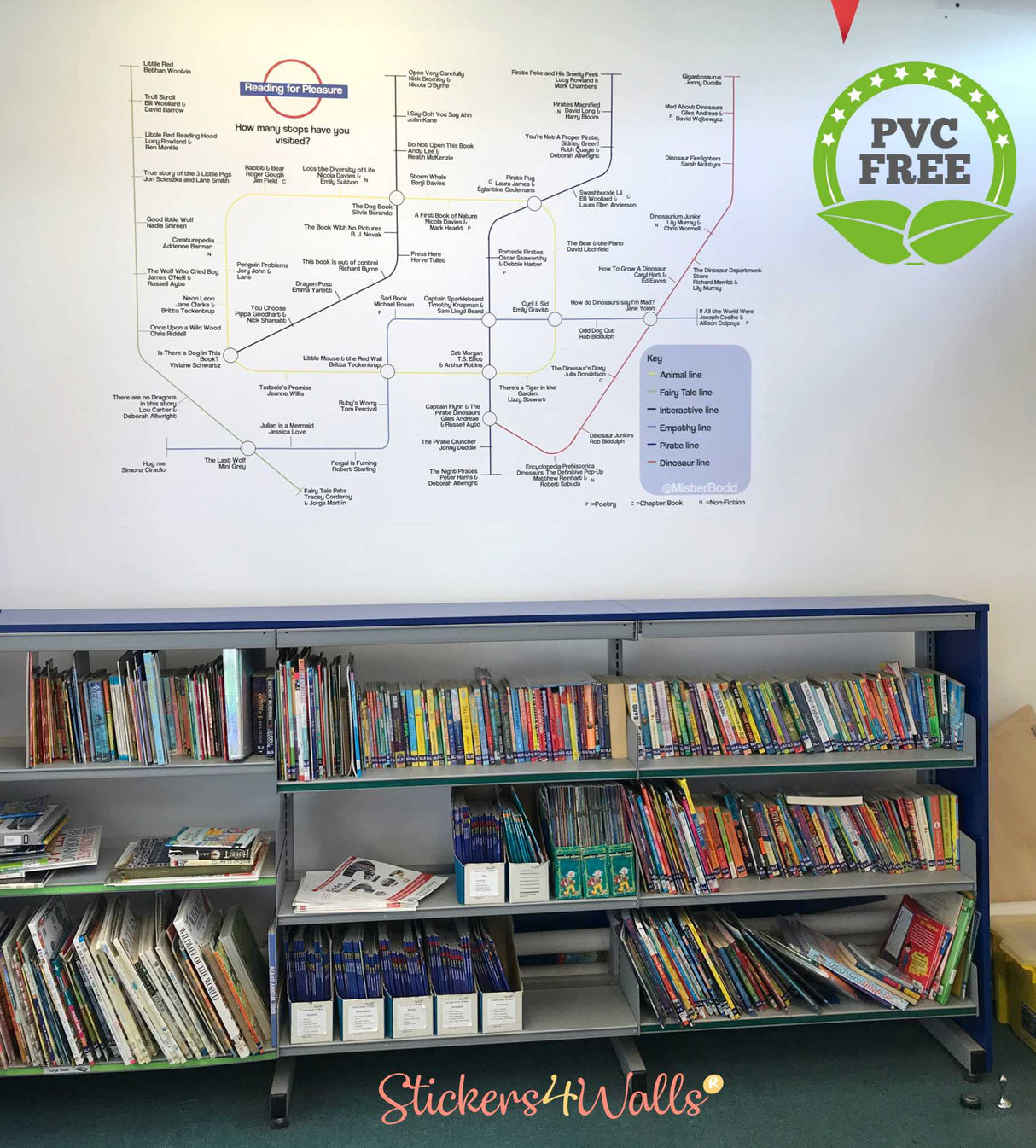 Library bookshelf with a map on the wall and 'PVC Free' label, featuring books and 'Stickers 4 Walls' branding.