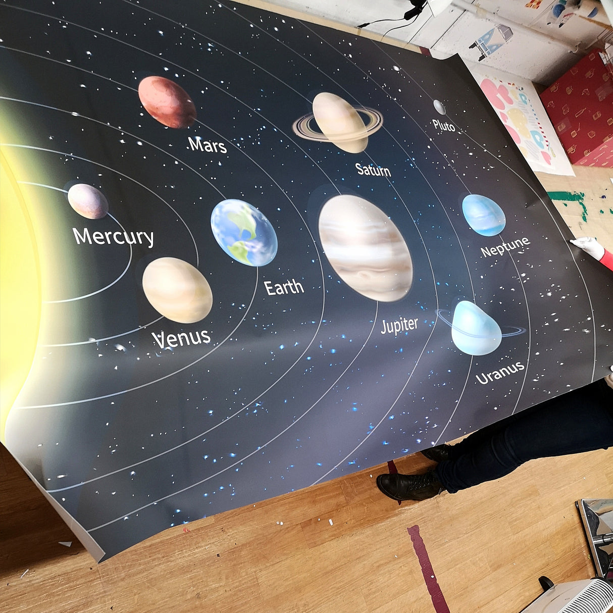 Solar system diagram with planets labeled on a table