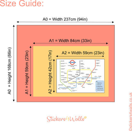 Size guide for different paper sizes with dimensions and a map of the London Underground on a pink background.