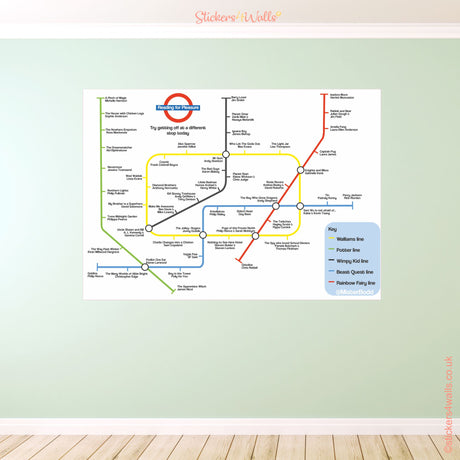 Colorful subway map on a light green wall with 'Stickers & Walls' branding.