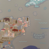 Map of North America with illustrations of animals and landmarks on a gray background