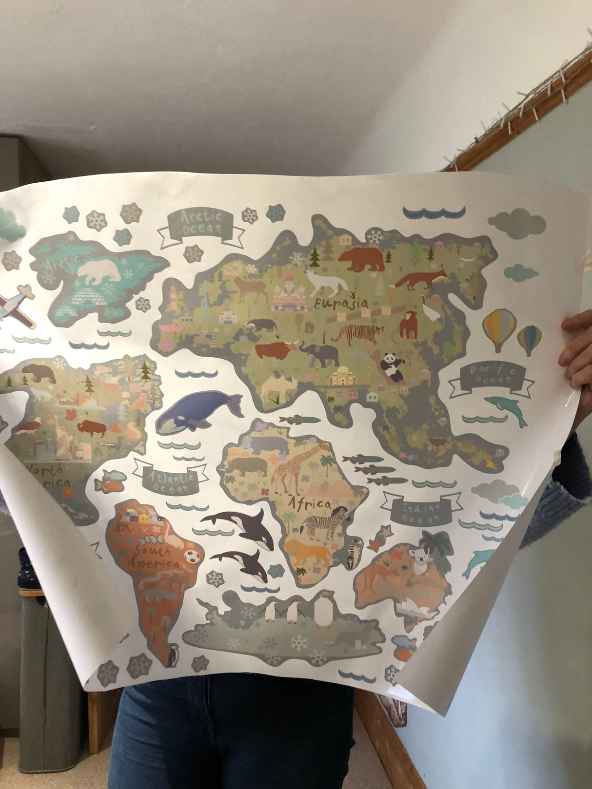 Person holding a large world map with animal illustrations