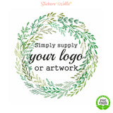 Decorative wreath with text 'Simply supply your logo or artwork' and 'PVC Free' label on a white background.