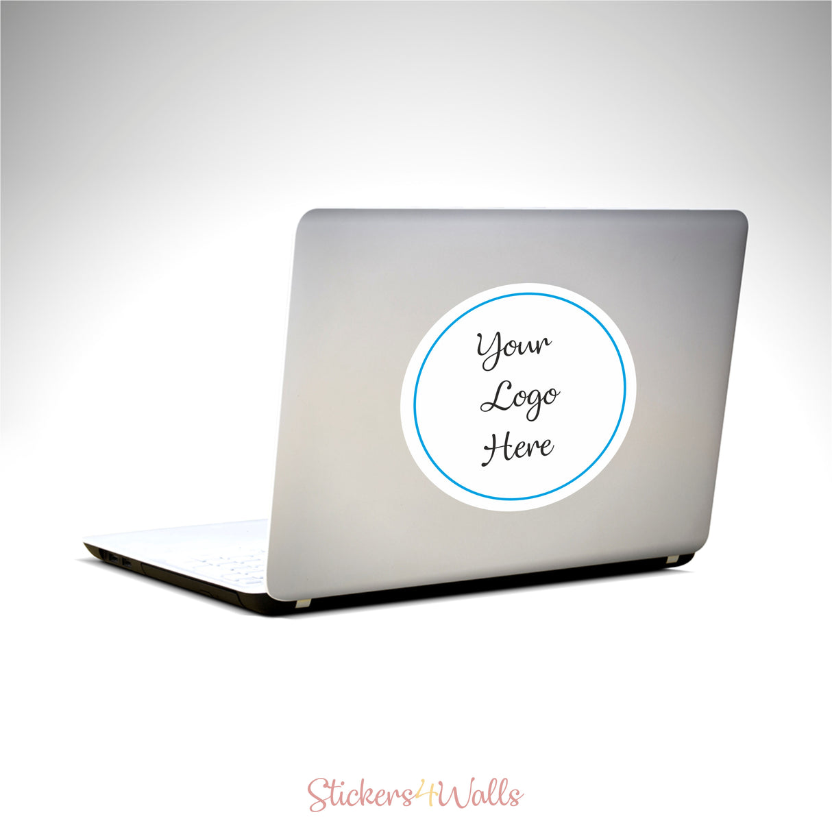 Laptop with a customizable sticker on a white background, featuring 'Your Logo Here' text.