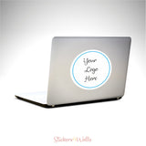 Laptop with a customizable sticker on a white background, featuring 'Your Logo Here' text.